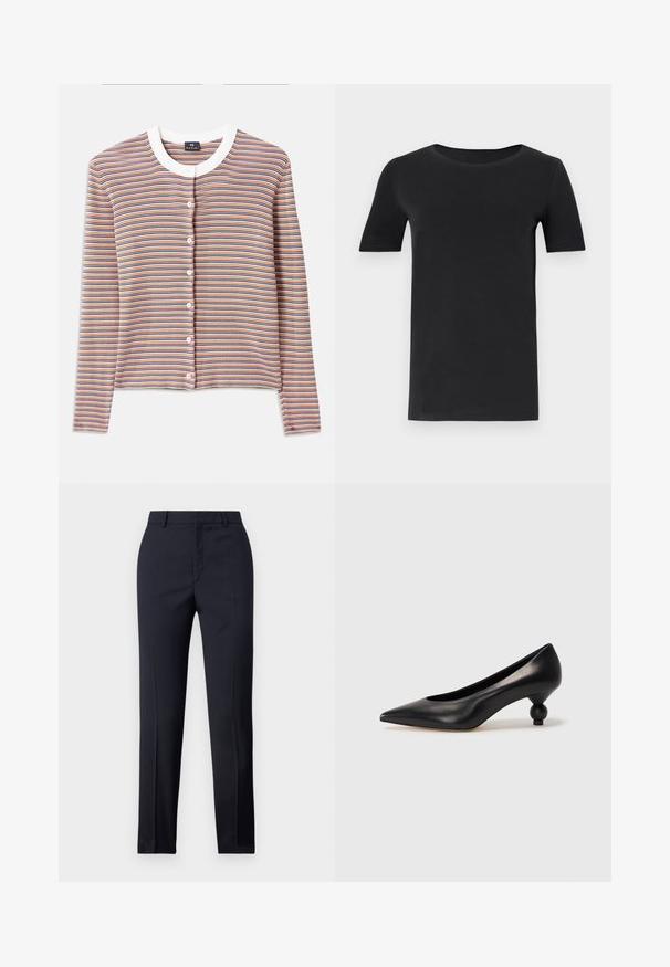 Cardigan rayé à manches longues, avec un col rond blanc et une fermeture à boutons. Les couleurs incluent l'orange, le bleu et la crème en rayures horizontales.; T-shirt noir à manches courtes en coton doux, avec un col rond et une coupe classique. Texture lisse, sans motifs ni embellissements.; Pantalons ajustés bleu marine avec une coupe droite, présentant une texture lisse, deux poches avant et une taille épurée.; Chaussure à talon haut en cuir noir avec un bout pointu et un talon arrondi. Texture lisse avec un design épuré et minimal.