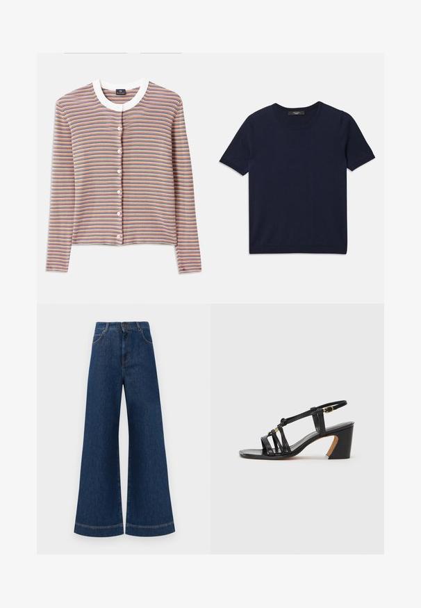 Csíkos kardigán hosszú ujjakkal, fehér kerek nyakkivágással és gombos záródással. A színek között narancs, kék és krém található vízszintes csíkokban.; Sötétkék, rövid ujjas póló, puha anyagból készült, kerek nyakkivágással és bordás szegéllyel, sima tapintású, látható minták nélkül.; Magas derekú, széles lábú kék farmernadrág, gombos záródással, övhurkokkal és diszkrét varrási részletekkel a zsebeknél és a szegélyeknél.; Paul Smith AMIRA - Klasszikus sarkú cipők - black