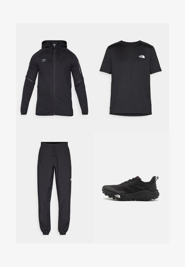 Čierna mikina na zips s kapucňou so šnúrkou, dlhými rukávmi, bočnými vreckami a dekoratívnymi vzorovanými doplnkami na rukávoch. Vyrobená z jemného, elastického materiálu.; Čierne tričko s krátkym rukávom vyrobené z ľahkej tkaniny. Obsahuje malé biele logo na ľavej hrudi a jemné akcenty na pleciach.; Čierne športové nohavice vyrobené z ľahkej tkaniny, s elastickým pásom na šnurovanie, bočnými vreckami a zúženými manžetami na členkoch.; Čierne trailové behacie topánky s štruktúrovaným zvrškom, gumovou podrážkou a vystuženou špičkou. Obsahuje polstrovaný golier a úchyt na jednoduché obúvanie.