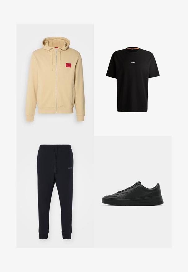 Beige zip-up hoodie made of soft cotton blend, featuring a red square logo patch on the left chest. Includes a drawstring hood and side pockets.; Black cotton t-shirt with round neckline, short sleeves, and white “BOSS” logo centered on the chest. Smooth texture, casual fit.; Black sweatpants made of soft material with an elastic waistband, drawstring, and tapered legs. Features a small logo on the side.; Black sneaker with smooth leather upper, round toe, flat laces, cushioned collar, and minimalistic design. Rubber sole with subtle tread pattern.