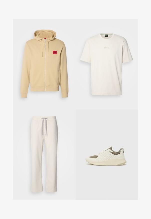 Bežová mikina na zips vyrobená z mäkkej bavlnenej zmesi, s červenou štvorcovou nášivkou na ľavej hrudi. Obsahuje kapucňu so šnúrkou a bočné vrecká.; BOSS TEE - Základné tričko - open white; Krémové voľné nohavice s elastickým pásom a rovným strihom, vystavené na jednoduchom bielom pozadí.; Biele a svetlo béžové športové tenisky s hornou časťou z mriežkového materiálu, perforovanými detailmi a textúrovanou medzipodrážkou s logom na päte.