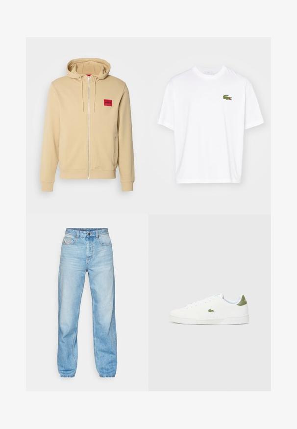 Bežna dukserica na zatvaranje s patentnim zatvaračem, izrađena od meke pamučne mješavine, s crvenim kvadratnim logotipom na lijevoj strani prsnog koša. Uključuje kapuljaču s vezicom i bočne džepove.; Bijela pamučna majica opuštenog kroja, s zelenim izvezenim logotipom krokodila na lijevoj strani grudnog koša. Kratki rukavi i klasični okrugli izrez.; Svijetloplave traperice, ravnog kroja, s pet džepova i vidljivim dugmetom na prednjem dijelu, sa kontrastnim šavovima.; Bijele tenisice s glatkom teksturom, s zelenim akcentom na peti i malim izvezenim logotipom krokodila sa strane.