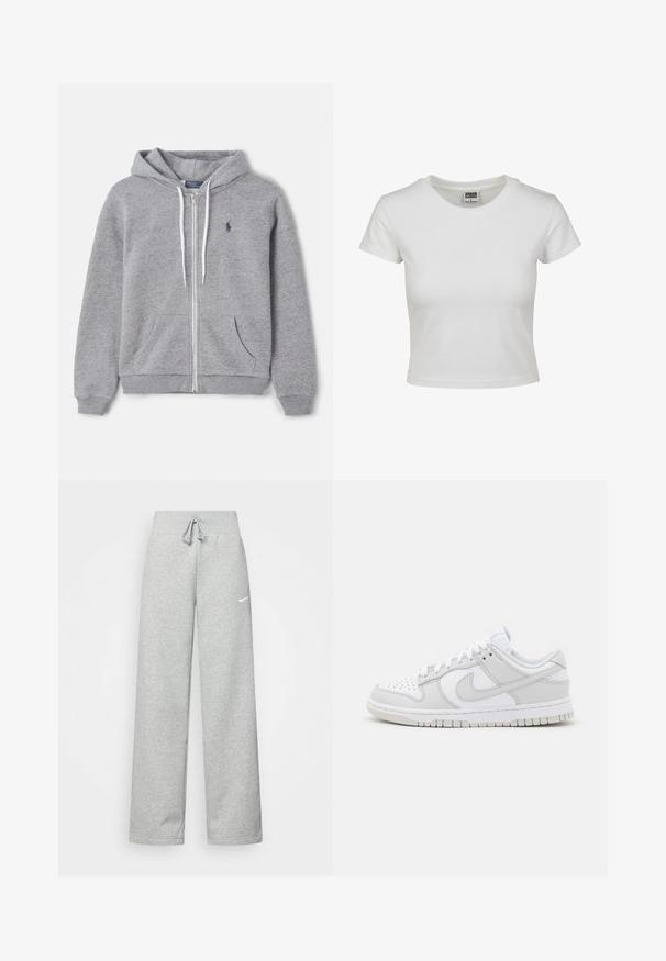 Siva zip-up kapuca, izdelana iz mehkega blaga. Ima kapuco z vrvico, sprednje žepe in majhen mornarsko moder logotip na levem prsnem delu.; Bela bombažna majica s klasičnim okroglim ovratnikom, kratkimi rokavi in prilegajočim se krojem. Ni vidnih vzorcev ali dodatkov.; Sive hlače iz trenirke z elastičnim pasom, detajlom na vezanje in majhnim belim logotipom Nike na levem stegnu. Mehak material, ohlapen kroj.; Bela usnjena športna obutev z sivo-nitastimi detajli, perforiranim prstom, ravnimi vezalkami, oblazinjeno ovratnikom in teksturirano gumijasto podplatom.