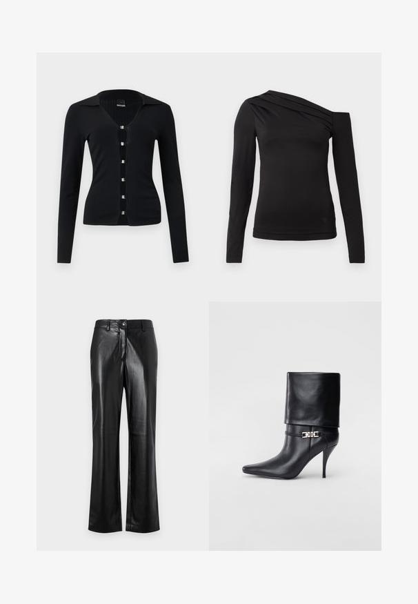 Melnas garās piedurknes kardigāns ar V-veida kakla izgriezumu, ribota tekstūra un rinda ar sešām sudraba krāsas pogām priekšpusē. Mīksts, pieguļošs dizains.; Melnas garām piedurknēm blūze ar asimetrisku kakla izgriezumu, kur viens plecs ir atklāts un maigā drapējuma akcenti krūšu daļā.; Melnas ādas bikses ar taisnu kāju dizainu, ar priekšējo pogu aizdari, jostas cilpiņām un gludu, spīdīgu tekstūru.; Melnas ādas potīšu zābaki ar smailu purngalu, augstu stiletto papēdi, salocītu aproci un zeltītu dekoratīvu sprādzi uz potītes.