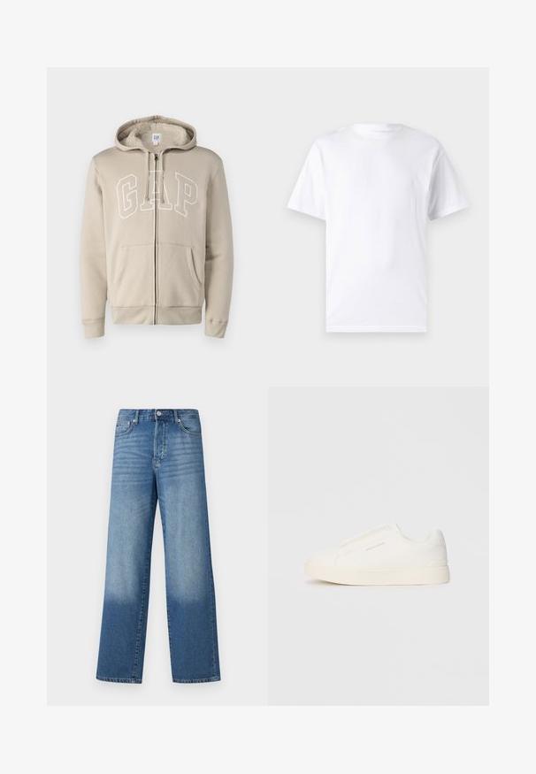 GAP ARCH - Sweatshirt com capuz - bedrock; Camiseta branca de mangas curtas em algodão com decote arredondado, apresentando uma textura suave e um design simples, sem padrões ou detalhes.; Jeans de cintura alta azuis, com perna reta, com desbotamento nas coxas e tons mais escuros perto das bainhas, com botão frontal e bolsos visíveis.; Sapatilhas brancas de atacar com uma superfície texturizada, sola grossa e design minimalista. Possui o logo da marca na lateral.