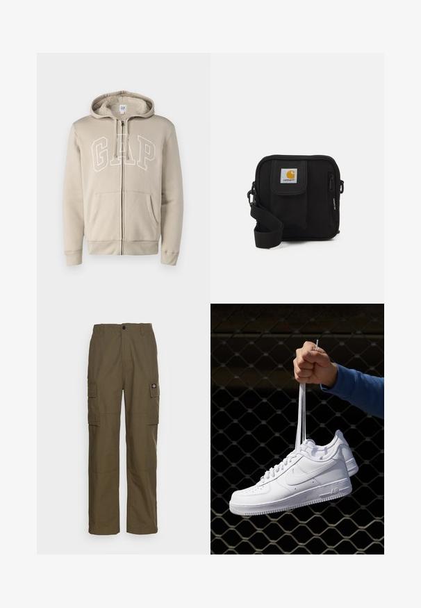 GAP ARCH - Hættetrøje - bedrock; Hvid kortærmet t-shirt lavet af bomuld, med rund hals og en glat tekstur, lige snit uden mønstre.; Cargo bukser i olivengrøn, lavet af slidstærkt stof. Har to sidelommer, en standard talje og en lige ben design.; Hvide lædersneakers med perforeringer, rund tå, flad sål og tykke snørebånd, med et synligt swoosh-logo og "AIR" på hælen.; Sort crossbody taske med et lynlåset hovedrum, frontlomme, justerbar strop og et synligt logo patch på klappen.