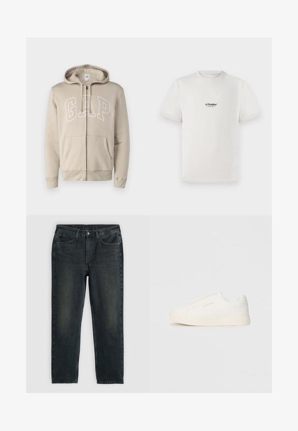 GAP ARCH - Pulover s kapuco - bedrock; Bela bombažna majica s kratkimi rokavi, ki na prsih nosi črni logotip "JJ Studios". Ima krožni ovratnik in standardno prileganje.; Temno modri traper hlače z ravnim krojem, opremljene s petimi žepi, zadrgo in kontrastnim šivom. Nežna bledica na tkanini.; Bele zapete brez vezalk z teksturirano površino, debelim podplatom in minimalističnim dizajnom. Na strani se nahaja logotip blagovne znamke.