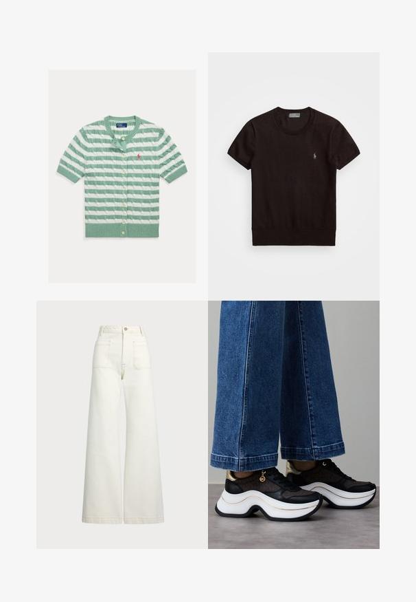 Polo Ralph Lauren STRIPED CABLE KNIT SHORT SLEEVE CARDIGAN - Cardigan - celadon heather; Svart kortermet T-skjorte laget av mykt stoff, med rund hals og en liten brodert logo på venstre bryst.; Vidde bukser i off-white denim. Høyt liv-design med knappelukking, to frontlommer og kontrastsøm detaljer.; Svarte og gullfargede sneakers med buet hvit såle. Strukturert stoff med logodetaljer. Kombinert med vide blå denimbukser.