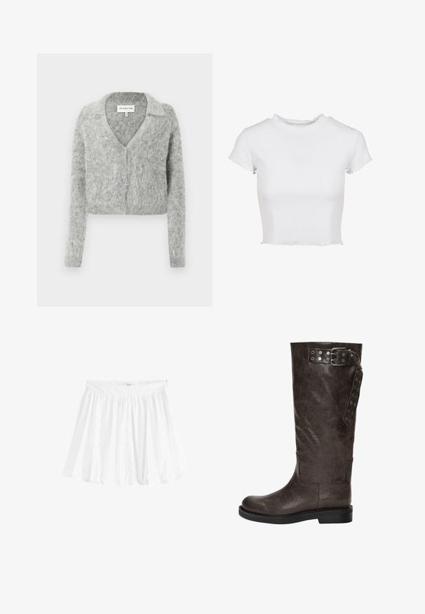 Světle šedý cropped cardigan z měkkého, nadýchaného materiálu. Má výstřih do V, zapínání na knoflíky a dlouhé rukávy s texturovaným povrchem.; Bílý zkrácený tričko vyrobené z ribbovaného materiálu. Má krátké rukávy s ošoupanými okraji a kulatý výstřih s volánkovým detailem.; Bílá, rozšířená sukně vyrobená z lehkého materiálu s elastickým pasem. Má nabraný design pro objem a splývavost.; Hnědé kožené vysoké boty k kolenům s texturovaným povrchem, se sponou a cvočkovými detaily na boku, a plochou gumovou podrážkou.