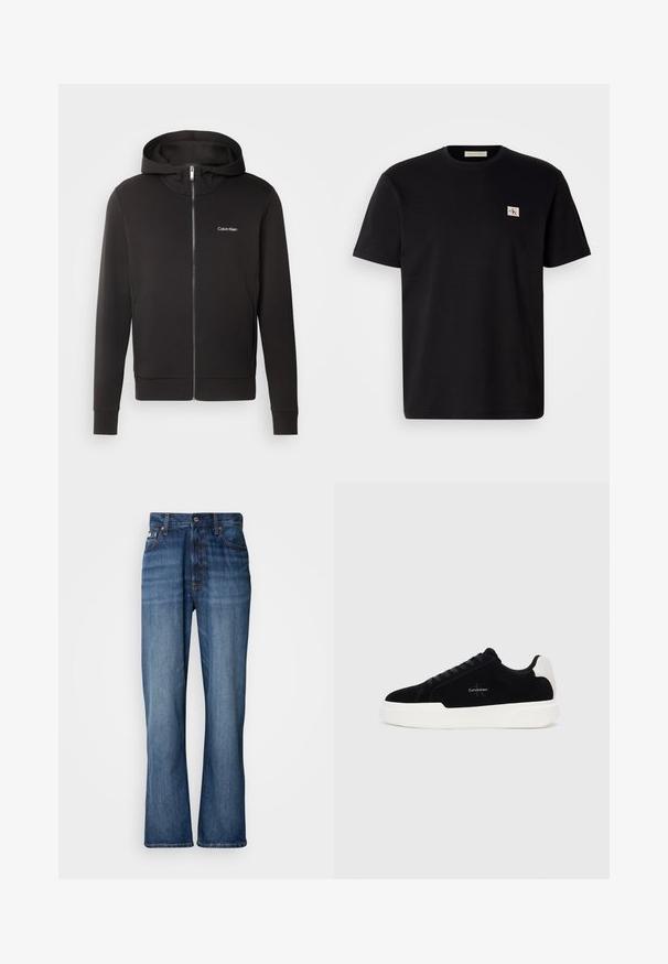 Felpa nera con zip e cappuccio, realizzata in tessuto morbido. Presenta un piccolo logo bianco "Calvin Klein" sul petto e polsini a costine.; T-shirt di cotone nero con maniche corte, collo rotondo e un piccolo logo ricamato sul lato sinistro del petto. Texture liscia, vestibilità regolare.; Jeans in denim blu con vita alta, gambe a zampa d'elefante, design a cinque tasche e cuciture tono su tono. Presentano un bottone alla vita e tasche ribattute.; Sneaker nera bassa con suola e linguetta bianca, con lacci sulla parte anteriore e logo Calvin Klein sul lato.