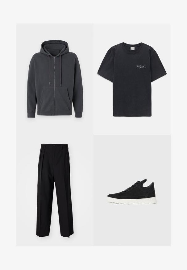 Sötét szürke cipzáras kapucnis pulóver, húzózsinórral, elülső zsebekkel, bordázott mandzsettákkal és puha anyaggal. Egyszerű dizájn, minta és díszítések nélkül.; Fekete, rövid ujjú, kerek nyakú póló, bal mellen kis fehér "Filling Pieces" szöveges logóval.; Fekete, pliszírozott nadrág, egyenes, széles lábakkal. Sima anyagból készült, gombos záródással és övhurkokkal rendelkezik.; Fekete nubuk sportcipő fehér gumitalppal, tónusos varrással és fűzős kialakítással. Simák a textúrája, modern, letisztult formával rendelkezik.