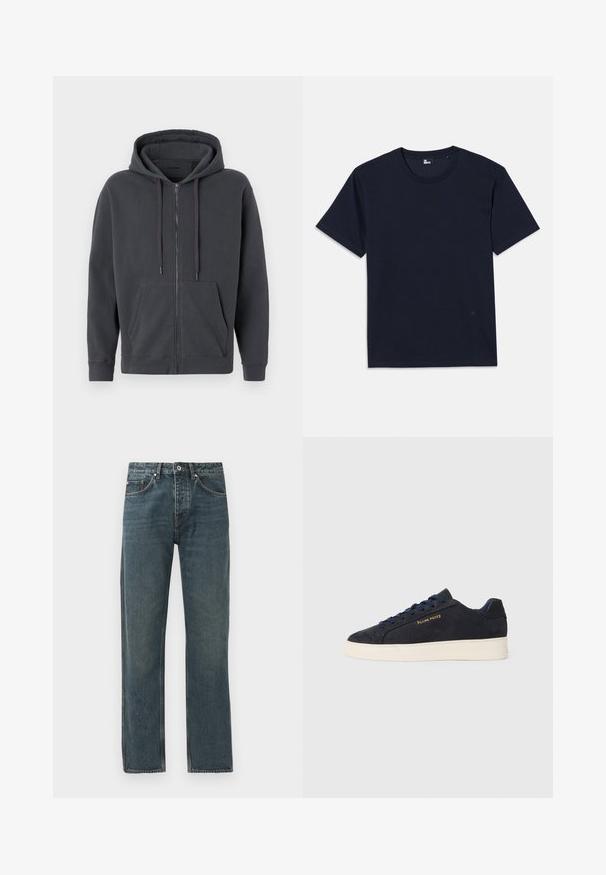 Mørkegrå hettegenser med glidelås, snorløkke i hetta, frontlommer, ribbede mansjetter og myk tekstur. Enkel design, ingen mønstre eller aksenter.; Marineblå bomull t-skjorte med kort erme, rund hals og minimale sømdetaljer. Enkel design uten synlige mønstre eller aksenter.; Mørkeblå denimjeans med rett ben-design, med fem lommer, knappeåpning og kontrasterende sømdetaljer.; Marineblå ankelhøyde sneakers i semsket skinn med hvit såle, marineblå snøringer, og "Filling Pieces"-logo i gull på siden.