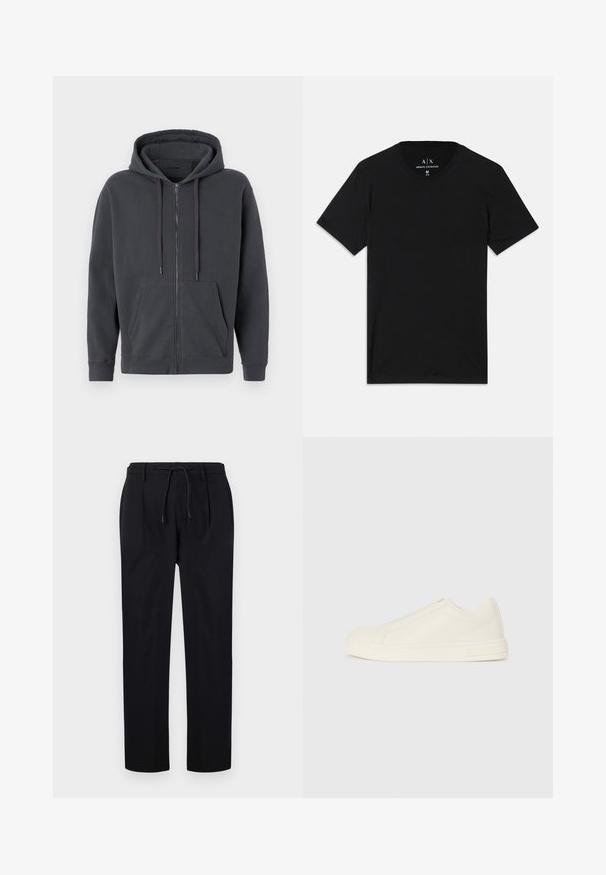 Dunkelgrauer Reißverschluss-Hoodie mit Kordelzugkapuze, Fronttaschen, gerippten Bündchen und einer weichen Textur. Einfaches Design, keine Muster oder Akzente.; Schwarzes T-Shirt aus Baumwolle mit kurzen Ärmeln, Rundhalsausschnitt und einem Etikett mit dem Markenlogo am inneren Kragen.; Schwarze Hose aus glattem Stoff, mit einem Kordelzugbund, geraden Beinen und einer Vorderfalte für einen strukturierten Look.; Beige Leder-Sneaker mit niedriger Schaftform, runder Zehenpartie, minimaler Nahtführung und seitlichem Reißverschluss auf weißem Hintergrund.