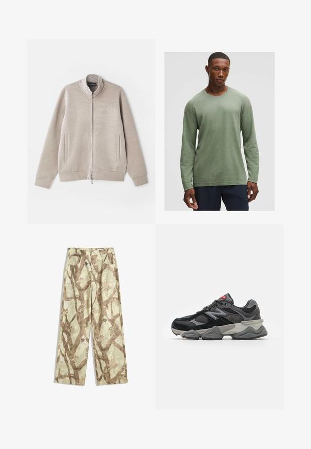béžová prešívaná bunda na zips s textúrovanou látkou, stojatým golierom a dvoma prednými vreckami. Má jemný vzor a pletené manžety.; Hnedá košeľa s dlhými rukávmi v tlmenej zelenej farbe s textúrovaným vzorom, okrúhlym výstrihom a raglánovými rukávmi, vyrobená z mäkkého, ľahkého materiálu.; Nohavice vyrobené z ľahkej tkaniny v svetlozelenej farbe, so vzorom hnedých vetiev, širokým strihom a dvoma prednými vreckami.; Čierne a šedé tenisky s kombináciou semišu a sieťoviny, hrubou podrážkou, výrazným logom a červeným akcentom na jazyku.