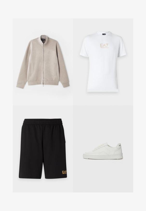 Beige cipzáras dzseki, textúrált anyagból, állógallérral és két elülső zsebbel. Finom mintázattal és kötött mandzsettákkal rendelkezik.; Fehér pamut póló, kerek nyakkivágással és rövid ujjakkal, az elején arany EA7 Emporio Armani logóval nyomtatva.; Fekete sportnadrág puha anyagból, rugalmas derékkal és egy kis sárga EA7 logóval a bal alsó lábszáron.; Fehér bőr sportcipő sima felülettel, kerek orral, lapos fűzőkkel és texturált talppal. Finom logó található a sarokon.