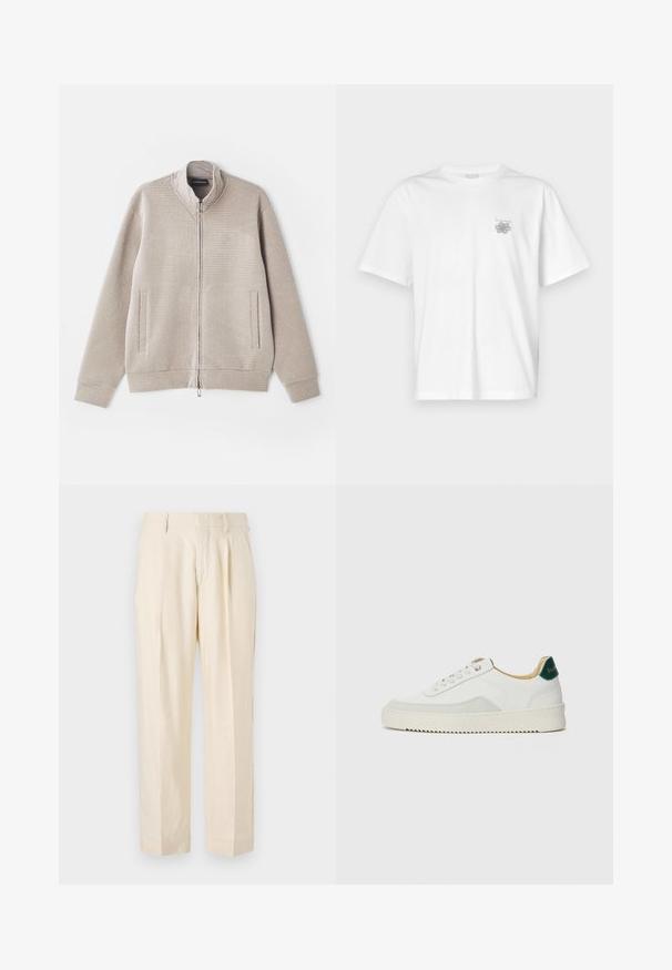 Bežna zip-up jakna z teksturirano tkanino, stojnim ovratnikom in dvema sprednjima žepoma. Ima subtilen vzorec in pletene manšete.; Bela majica iz bombaža s kratkimi rokavi, okroglim izrezom in majhnim sivim logotipom na levi strani prsnega dela. Gladka tekstura.; NN.07 KAY - Hlače - off white; Bela trenerka z zaključki iz semiša, okroglo konico, ravne vezalke in kremna gumijasta podplata. Ima zeleno blagovno znamko na peti.