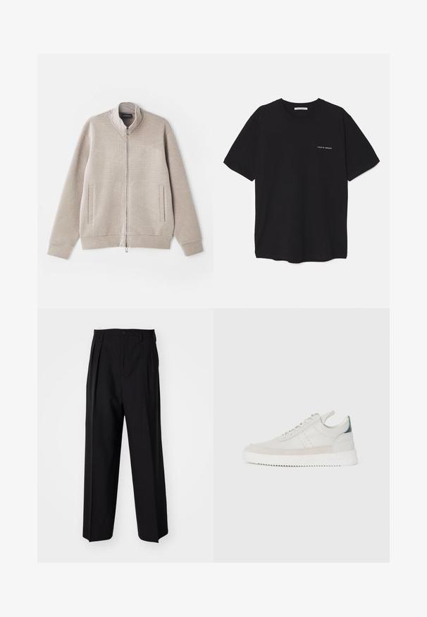 Chaqueta cremosa con cremallera, de tela texturada, con cuello alzado y dos bolsillos frontales. Presenta un patrón sutil y puños de punto.; Camiseta de algodón negra con cuello redondo, mangas cortas y un estampado de logo blanco en el lado izquierdo del pecho. Diseño simple y de color sólido.; Pantalones negros plisados con un diseño recto y de pierna ancha. Fabricados en una tela suave, presentan un cierre de botón y trabillas para el cinturón.; Zapatillas de cuero blancas con acentos de ante gris, diseño con cordones, asa de tirón y suela de goma texturizada con un patrón en zigzag.