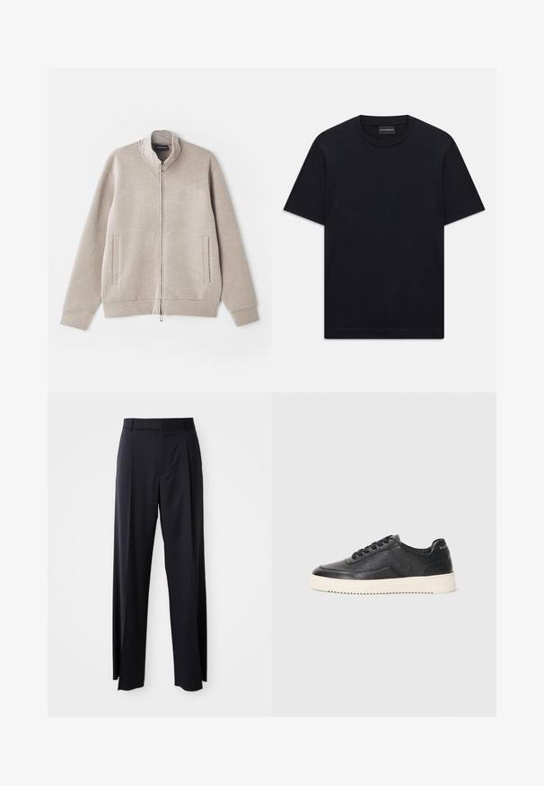 Chaqueta cremosa con cremallera, de tela texturada, con cuello alzado y dos bolsillos frontales. Presenta un patrón sutil y puños de punto.; Camiseta de cuello redondo de manga corta en negro con un sutil diseño de logo en relieve centrado en el pecho y una etiqueta de marca dentro del cuello.; Pantalones negros de tiro alto con corte de pierna ancha, confeccionados en una tela suave. Presenta pliegues en la parte delantera y trabillas para cinturón. Diseño minimalista, sin hardware visible.; Zapatillas de cuero negro con acabado texturizado, puntera redonda y suela de goma blanca plana. Presenta cordones negros y una marca en el talón.