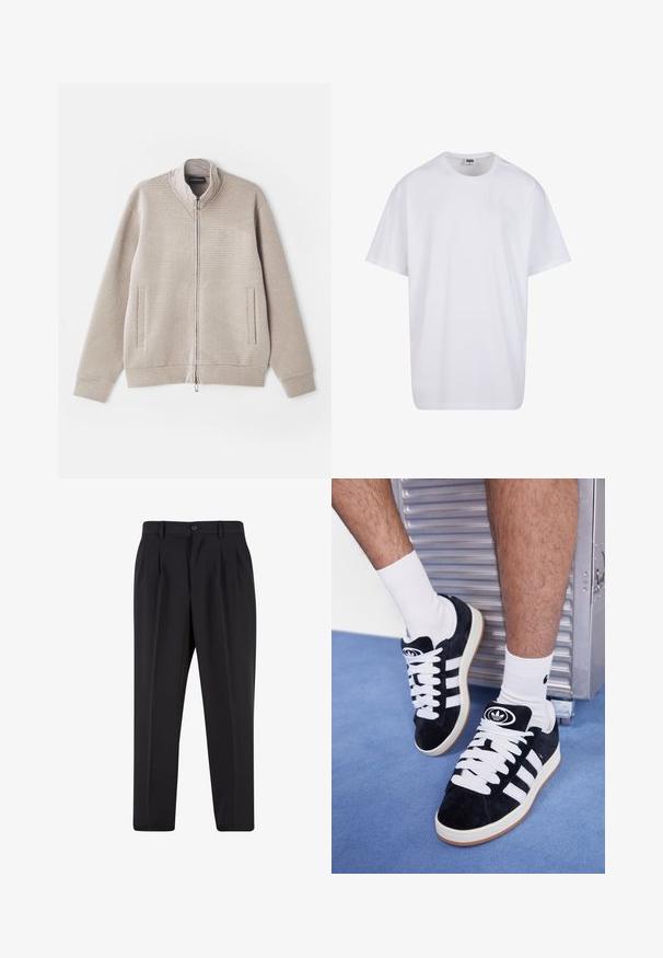 Beige cipzáras dzseki, textúrált anyagból, állógallérral és két elülső zsebbel. Finom mintázattal és kötött mandzsettákkal rendelkezik.; Fehér pamut póló rövid ujjal, kerek nyakú, laza szabású, és nincsenek látható logók vagy minták. Simább textúra és minimalista dizájn.; Fekete nadrág, pliszézett elejű dizájnnal, sima anyagból készült. Gombos záródás és övhurkok jellemzik; egyenes szabású.; Fekete velúr sportcipők fehér fűzőkkel és három fehér csíkkal. A nyelvén egy kör alakú fekete logó található, valamint egy gumis talp.