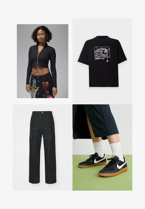 Mustikas värvitud lühikesed tõmbluku ülespoole avatud särk, millel on vertikaalsed triibud, pikad varrukad ja kõrge kaelus, on ühendatud musta denimpükste seeliku ja graafilise mustriga.; Mustmust särgis, millel on lühikesed varrukad. Esipaneelil on valge ämblikuvõrgu graafika ja logo. Lihtne ümmargune kaelus.; Mustad püksid sirge säärega, valmistatud tekstuurses kangas. Dekoratiivsed hõbedased detailid ja ainulaadne õmblusteenus.; Mustad nahast ja sünteetilised sneekerid valge Nike logoga, kummist gumme, ümar nina ja mustad paelad. Näha ribakujulisi valgeid sokke.