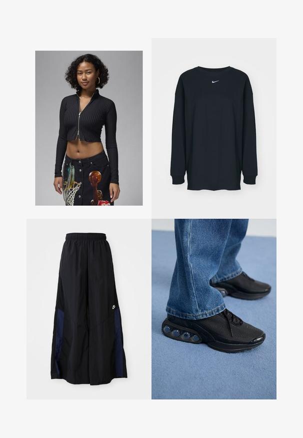 Fekete, cropped, zipzáras felső függőleges csíkokkal, hosszú ujjakkal és magas gallérral, fekete farmer szoknyával párosítva, mely grafikus nyomattal rendelkezik.; Fekete, hosszú ujjú pamut póló kerek nyakkivágással. Fehér Nike logó található a mellrészen. Puha tapintás, egyszerű design.; Fekete, bő szárú nadrág könnyű anyagból, tengerészkék oldalsó panellel és elasztikus derékkal. Kicsi fehér logó az alján.; Fekete sportcipők hálós felsőrésszel, textúrázott részletekkel és a talpban látható lég párnázó zsebekkel. Kék farmernadrággal viselve.