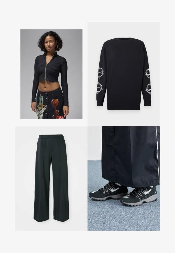 Black cropped zip-up top with vertical stripes, long sleeves, and a high collar, paired with a black denim skirt featuring a graphic print.; Black long-sleeve shirt with round neckline, featuring white barbed wire and thorns graphics on both sleeves.; Black, wide-leg athletic pants with an elastic waistband. Made from smooth, stretchy fabric, featuring subtle front seams and no pockets.; Black athletic shoes with a textured upper, silver accents, and a patterned outsole, paired with a black long garment. Set against blue carpet.