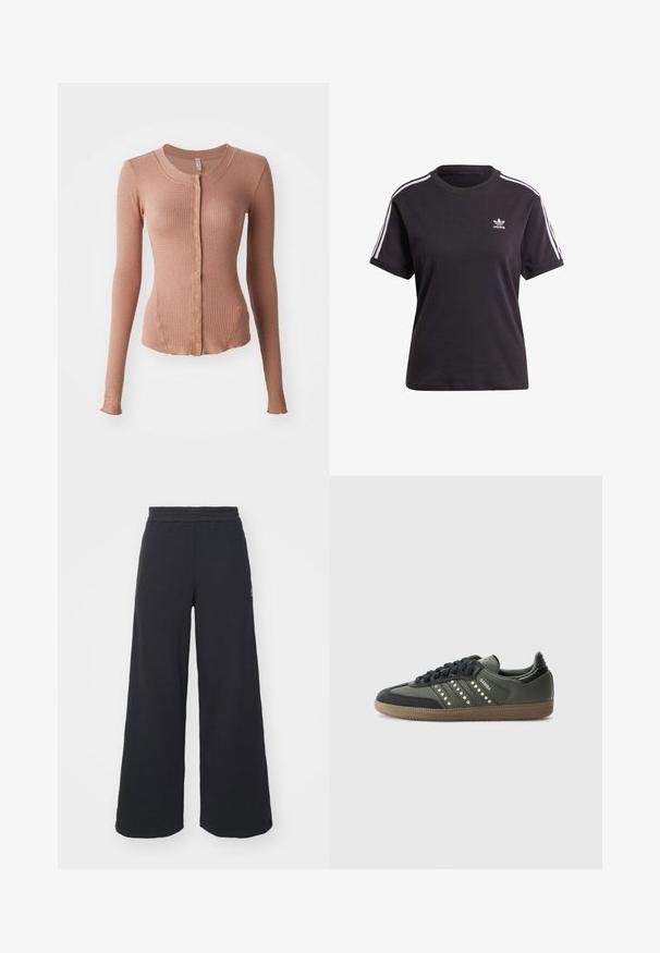 Cardigan de manga longa em tecido waffle, em um suave tom rosa claro. Apresenta um decote redondo e fechamento com botões, com uma textura canelada subtil.; T-shirt preto de algodão de mangas curtas com gola redonda, apresentando riscas brancas nos ombros e um pequeno logotipo branco da Adidas no peito.; Calças de fato largas, pretas, feitas de tecido macio, com uma cintura elástica e um pequeno logótipo do lado esquerdo.; adidas Originals SAMBA OG - Sapatilhas - core black/legend earth/gum