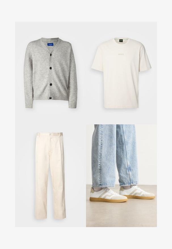 Jack & Jones JOROLLIE CARDIGAN - Cardigan - light grey melange; BOSS TEE - Basic T-shirt - open white; Beige cotton trousers with a straight-leg cut, featuring a button closure and pleats at the front for added detail.; White sneakers with beige suede accents and light rubber soles; features a low-top design and textured detailing on the upper.