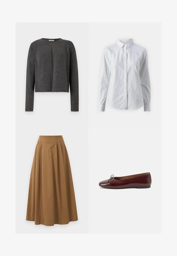 Sötét szürke, hosszú ujjú kardigán kerek nyakkal és egy gombbal az elején, puha kötött anyagból készült.; Fehér, sima pamutből készült gombos ing, klasszikus gallérral, hosszú ujjakkal és ívelt hemvéggel. A gombok kicsik és fehérek.; Barna pamut A-vonalú szoknya magas derékkal, elöl pliszézett és sima textúrával. Az alsó szegélyek letisztultak és egyszerűek.; Burgundi lakkbőr balettcipő kerek orral, elöl kis masni díszítéssel és alacsony, fekete gumi talppal. Simára csiszolt felület.