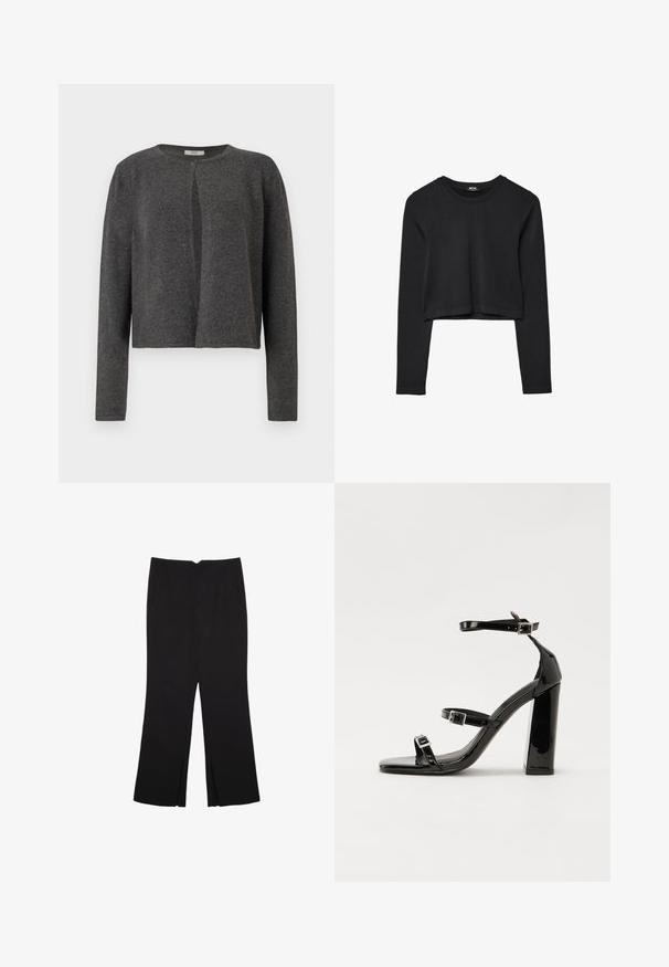 Tmavosivý cardigán s dlhým rukávom a okrúhlym výstrihom, s jedným gombíkom na vrchu prednej strany, vyrobený z mäkkej pleteniny.; Čierny dlhý rukáv skrátený top s okrúhlym výstrihom, jednofarebný dizajn a mierne zakrivený lem.; Čierne nohavice so strihom rovného strihu, s prednými vreckami a bočnými rozparkami na leme. Vyrobené z mäkkej, hladkej tkaniny. Vhodné na rôzne príležitosti.; Čierne lakované sandále na vysokom opätku s dvoma prackami, štvorcovou špičkou a hrubým blokovým opätkom, s hladkou, lesklou textúrou.