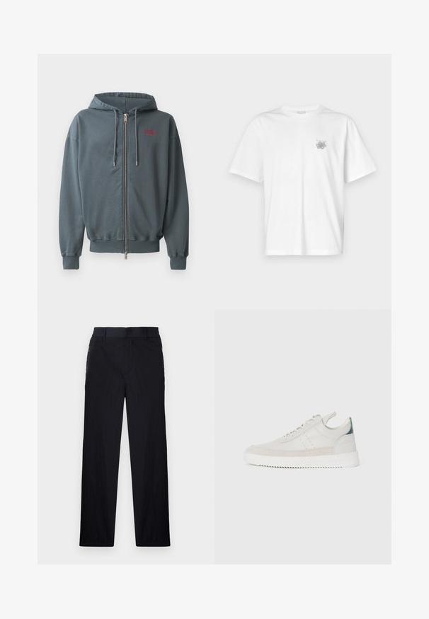 Sötét szürke pamut keverékból készült kapucnis zipzáras pulóver, bordázott mandzsettákkal és aljjal, a bal felső mellkasán egy kis piros szöveges mintával.; Fehér pamut póló rövid ujjakkal, kerek nyakkal, és egy kis szürke logóval a bal mellrészen. Sima tapintású.; Fekete nadrág könnyű, textúrált anyagból, egyenes szárú kialakítással, rugalmas derékpánttal és oldalsó cipzáras zsebekkel.; Fehér bőr sportcipők szürke bársonyos részletekkel, fűzős kivitelben, hátul húzófüllel és texturált gumi talppal, amelyen zikk-zakk minta található.