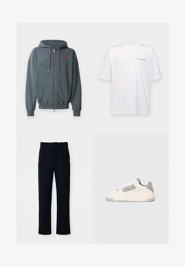 Sudadera con capucha de cremallera en mezcla de algodón gris oscuro, con puños y dobladillo acanalados, y un pequeño diseño de texto rojo en la parte superior izquierda del pecho.; Camiseta blanca de manga corta en algodón con cuello en V, que presenta un logo negro de "FILLING PIECES" impreso en el lado izquierdo.; Pantalones azul marino de algodón, con un diseño de pierna recta, cierre frontal de botón y una cintura clásica con pasadores para cinturón.; Zapatilla baja en blanco y gris claro con cordones blancos y detalles de ante, mostrada de lado sobre un fondo claro y liso.