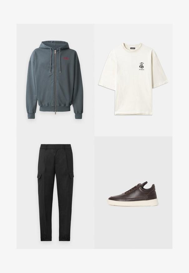 Kapućasta dukserica sa zipom u tamnosivoj mješavini pamuka, koja ima rebraste manžetne i donji rub, s malim crvenim natpisom na gornjem lijevom dijelu prsiju.; Majica oversized boje kreme izrađena od pamuka. Ima kratke rukave i mali crni grafički motiv zmije na lijevoj strani prsnog koša.; Crne cargo hlače s elastičnim pojasom, suženim nogavicama, bočnim džepovima i jednim cargo džepom na lijevom bedrima. Glatka tekstura.; Tamno smeđi teksturirani kožni tenisice s vezanjem sprijeda i bijelim rebrastim gumiranim potplatom na jednolično svijetloj pozadini.