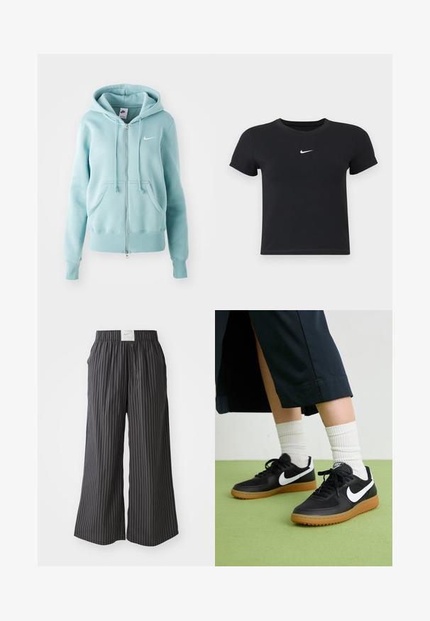 Fleece com capuz azul claro, com bolso canguru, cordão no capuz e bainha canelada. Apresenta um pequeno logotipo branco da Nike no peito.; T-shirt preta de manga curta feita de algodão, com decote redondo. Apresenta um logótipo branco da Nike no peito, design minimalista e corte ajustado.; Calças largas às riscas pretas e cinzas com um cós elástico e uma etiqueta do logótipo Nike na parte de trás. Tecido leve, design de ajuste solto.; Sapatilhas pretas em couro e sintético com o logo da Nike em branco, sola de borracha tipo goma, bico redondo e atacadores pretos. Meias brancas com frunces visíveis.
