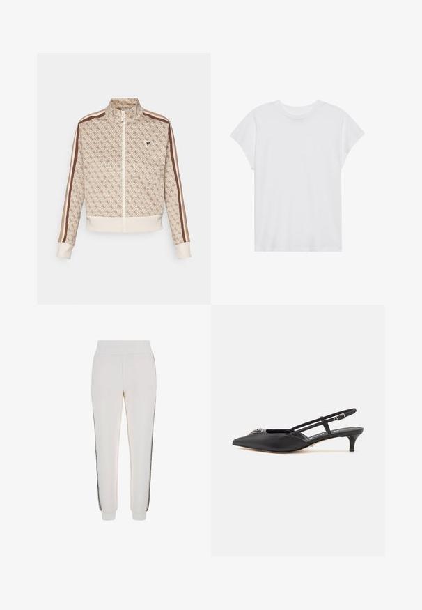 Beige zip-up jacka med diamantmönster, kontrasterande bruna ränder på ärmarna, ribbade muddar och en liten logotyp på bröstet.; Vit kortärmad t-shirt med rund halsringning, avslappnad passform, tillverkad av mjukt bomullstyg. Slät textur, inga mönster eller logotyper.; Vita joggerbyxor gjorda av mjukt material, med ribbad midja och svarta sidostråk samt en logotypdetalj på framsidan.; Svarta slingback-skor med spetsig tå, tillverkade av ett slätt material, med en liten klack och en dekorativ silverdetalj på framfoten.