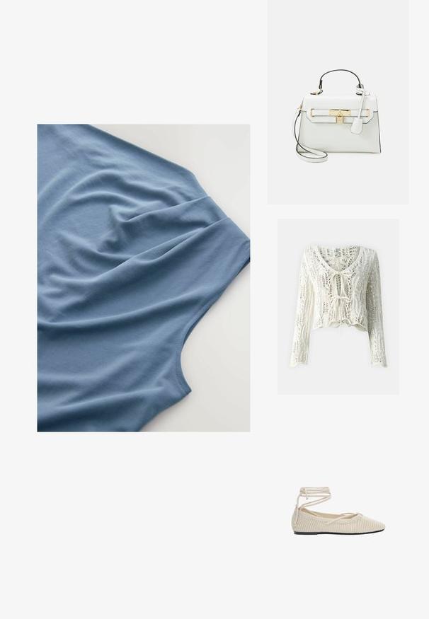 Krojovaný kardigán v krémovej farbe v štýle háčkovania. Má dlhé rukávy, hlboký výstrih do V a nastaviteľné sieťovanie vpredu. Tkanina s textúrou a otvoreným vzorom.; Modrá tričko zobrazené zhora, s jemnou tkaninou a hladkým povrchom, s jemnými záhybmi a okrúhlym výstrihom.; Béžové pletené balerínky s špicatou špičkou, plochou podrážkou a obtočenými šnúrkami. Textúra je otvorená, s hladkým vnútorným podšívom.; Biela kabelka s krokodílovou textúrou, zlatým kováním, horným uchom a odnímateľným ramenným popruhom; obsahuje zámkové uzatvorenie a minimalistický dizajn.