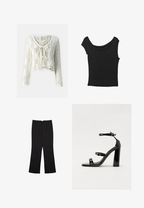 Cardigan corto in stile uncinetto color crema. Presenta maniche lunghe, scollatura a V profonda e chiusura a legatura regolabile nella parte anteriore. Tessuto testurizzato con trama aperta.; Top nero a maniche corte realizzato in tessuto liscio; presenta un colletto drappeggiato e un orlo asimmetrico, con una vestibilità aderente.; Pantaloni neri a gamba dritta, con tasche frontali e spacchi laterali all'orlo. Realizzati in tessuto morbido e liscio. Adatti a diverse occasioni.; Sandali con tacco in vernice nera, con punta squadrata, cinturini alla caviglia e fibbie in argento. Presentano un tacco a blocco spesso per maggiore stabilità.