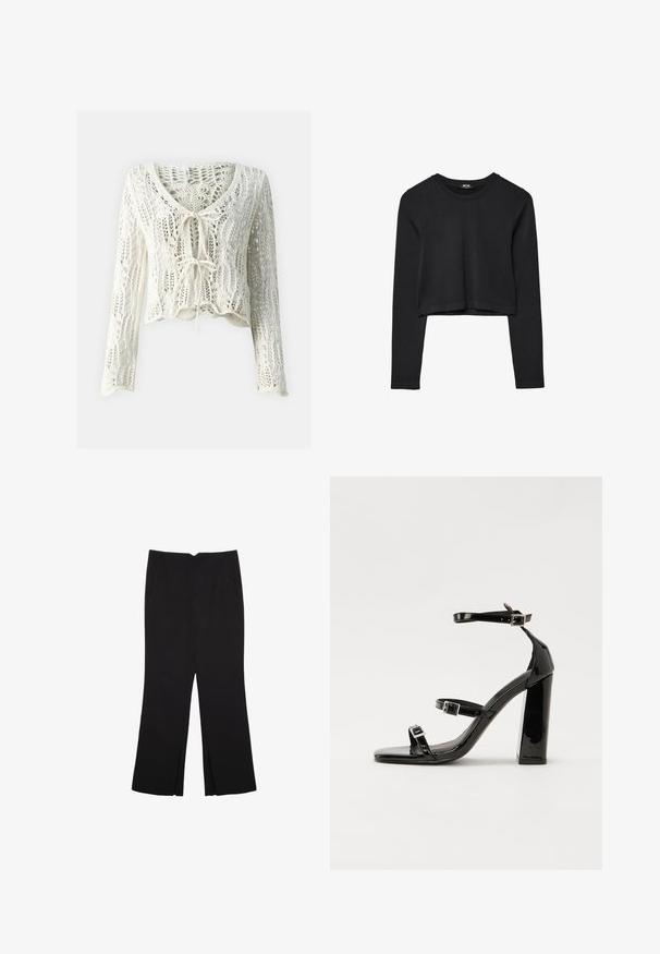 Krémový krátký cardigan ve stylu háčkování. Má dlouhé rukávy, hluboký V-výstřih a nastavitelné zavírání na šňůrku vepředu. Texturovaná tkanina s otevřeným tkaním.; Černý dlouhý rukáv cropped top s kulatým výstřihem, jednoduchý design a mírně zaoblený lem.; Černé kalhoty s rovným střihem, s předními kapsami a bočními rozparky na lemu. Vyrobené z jemné, hladké tkaniny. Vhodné na různé příležitosti.; Černé lakované sandály na vysokém podpatku se dvěma pásky se sponami, čtvercovou špičkou a robustním blokovým podpatkem, s hladkou, lesklou texturou.