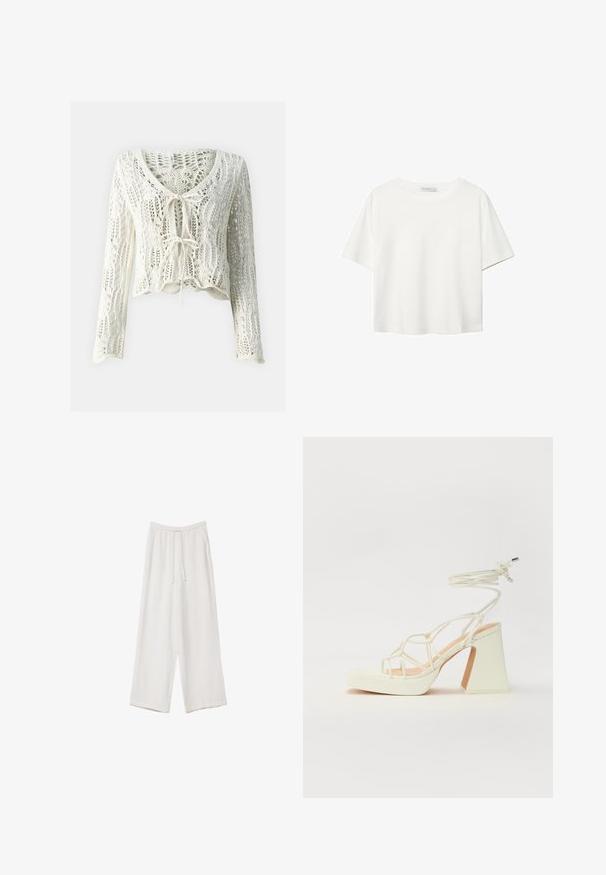Kratka kardigan sa kukičanim uzorkom u boji krema. Ima duge rukave, duboki V-izrez i prilagodljivu vezicu sprijeda. Tekstura tkanine s otvorenom mrežicom.; Bijela majica kratkih rukava od pamuka. Ima okrugli izrez i opušteni kroj. Glatka tekstura bez vidljivih uzoraka ili naglasaka.; Bijele hlače širokih nogavica napravljene od lagane tkanine. Imaju elastičan pojas s ušicom i bočne džepove. Glatka tekstura.; Bijela sandala na visokoj potpetici s debelim petom, s remenom i vezanjem oko gležnja. Glatka tekstura s platformom sprijeda za dodatnu visinu.