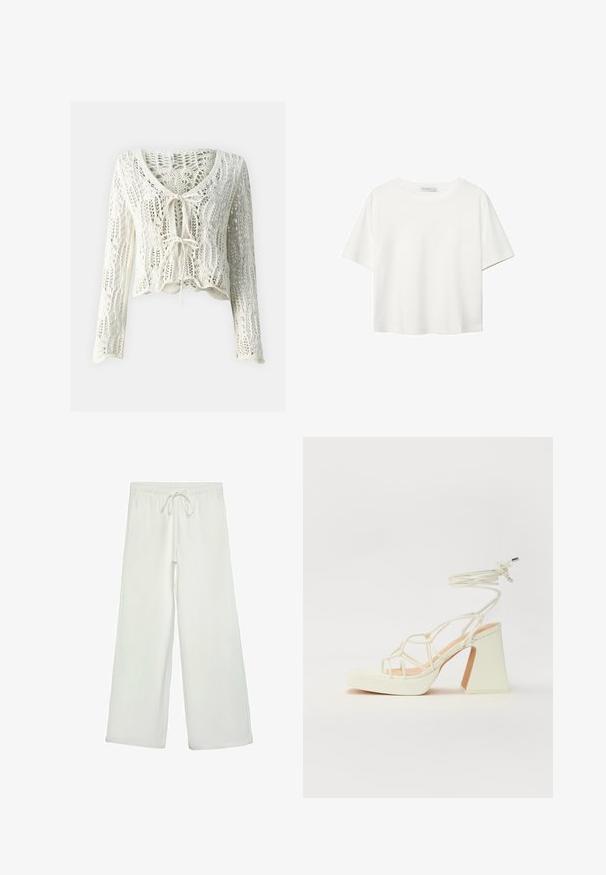 Häkelstil, verkürzter Cardigan in Creme. Merkmale: lange Ärmel, tiefer V-Ausschnitt und verstellbarer Bindegurtverschluss vorne. Strukturierter Stoff mit offener Webart.; Weißes T-Shirt mit kurzen Ärmeln aus Baumwolle. Hat einen Rundhalsausschnitt und eine lockere Passform. Glatte Textur ohne sichtbare Muster oder Akzente.; Weiße, weit geschnittene Hose aus weichem Stoff. Mit einem elastischen Bund und einem Kordelzug sowie einer glatten Oberfläche. Keine sichtbaren Muster oder Hardware.; Weiße High-Heel-Sandale mit einem klobigen Absatz, die über ein Riemchendesign und ein Knöchelband verfügt. Glatte Textur mit einer Plattform vorne für zusätzliche Höhe.