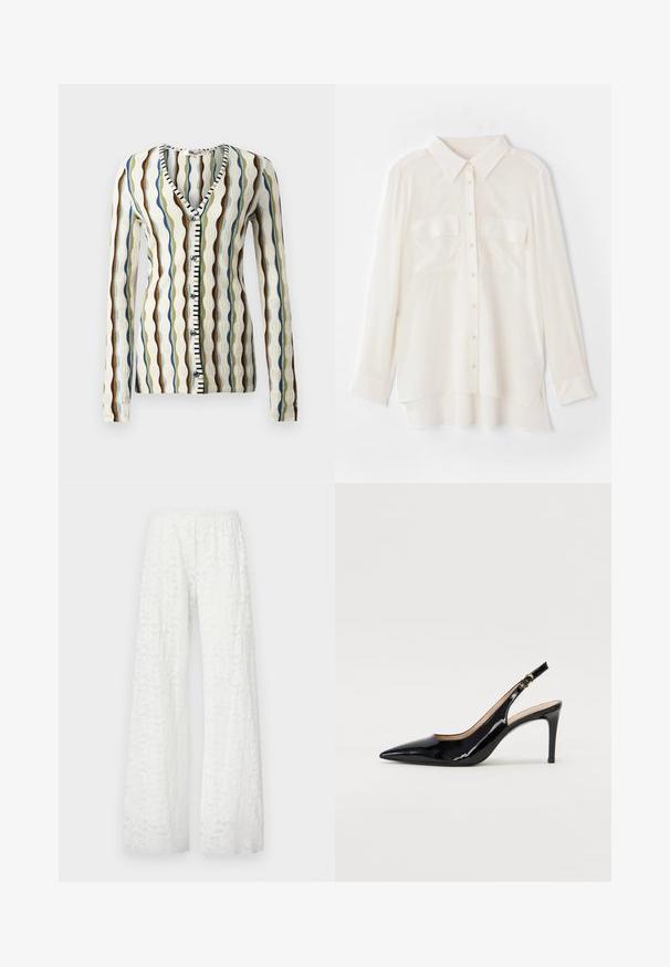 Kootud kardigan V-kaelusega, millel on lainelised triibud pruunis, sinises ja rohelises. Ees olev nupuga sulgurmustus musta ja valge aktsendiga. Pikad varrukad.; Valge nööbid üles särgid kergest kangast. Omab klassikalist kraed, kahte rinna-taskut ja veidi pikemat tagumist äärt.; Valge laia jala püksid, millel on elastne vöökoht, kaunistatud tekstuurse lillemustriga kogu kangas.; Must hõbedavärvi patendiga slingback kontsakingad terava varbaga, kitsas konts ja peene lõikega disain. Statistika on kuldne pandla rihmal.