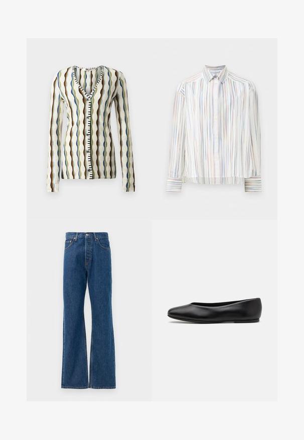 Cardigan tricoté avec un col en V, présentant des rayures ondulées marron, bleu et vert. Fermeture à boutons à l'avant avec un accent noir et blanc. Manches longues.; Chemise à rayures avec une base blanche, présentant des lignes multicolores étroites en bleu, orange et vert. Manches longues et col classique.; Jean flare en denim bleu avec taille haute, comportant cinq poches, une fermeture à bouton en métal argenté et des accents de couture visibles.; Paul Smith TOPANGA - Ballerines - black