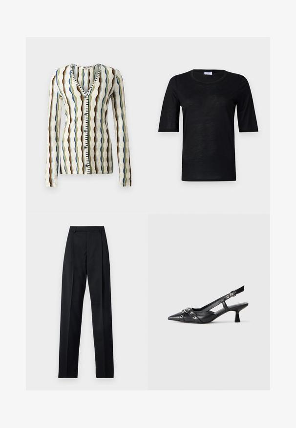 Knitted cardigan with a V-neckline, featuring wavy stripes in brown, blue, and green. Buttoned front with black and white accent. Long sleeves.; Black short-sleeve T-shirt made of lightweight fabric with a round neckline, featuring a smooth texture and a relaxed fit.; Black trousers made from smooth fabric featuring a high waist, wide legs, front pleats, and classic belt loops. No side pockets visible.; Black leather slingback shoe with a pointed toe, decorative straps featuring metal eyelets, and a low block heel. Textured surface.