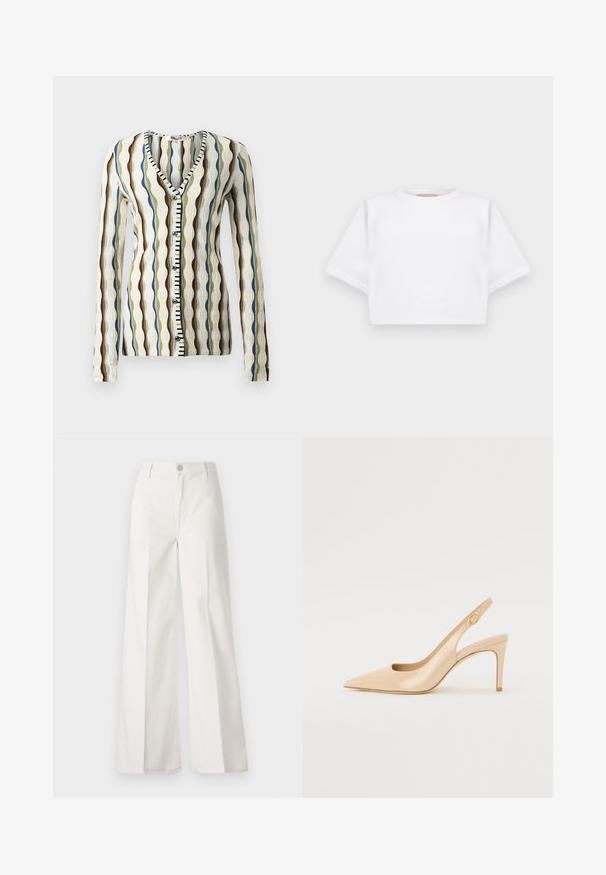 Cardigã de malha com decote em V, apresentando riscas onduladas em castanho, azul e verde. Frente com botões e detalhes em preto e branco. Mangas longas.; T-shirt branca corta, feita de tecido macio, apresentando mangas curtas, um decote redondo e detalhes de bainha canelada. Design simples e despretensioso.; Calças largas brancas feitas de algodão com uma textura suave. Apresenta um botão frontal, fecho de correr e um design de quatro bolsos.; Sandal de salto alto em verniz nude com bico afiado, vamp aberto e um salto stiletto fino. Apresenta um detalhe circular dourado na tira.