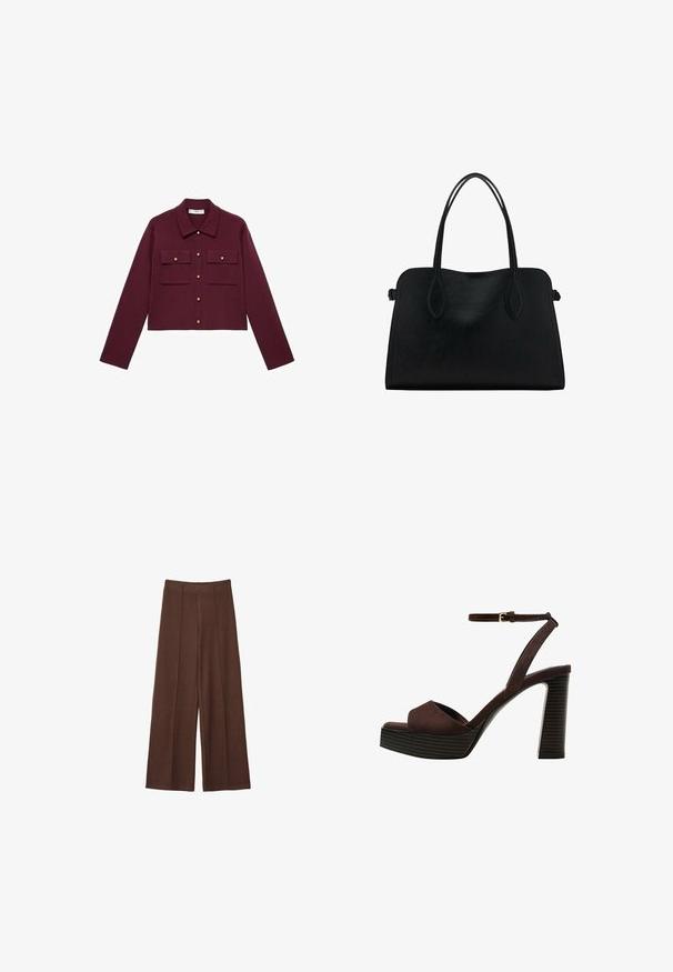 Burgundowa kurtka typu cropped z długimi rękawami, zapinana na guziki, z dwoma kieszeniami na piersi i złotymi akcentami guzików. Gładki materiał i klasyczny fason kołnierza.; Brązowy krótki rękaw t-shirt z okrągłym dekoltem, o gładkiej fakturze i prostym wzornictwie, bez wzorów i zdobień.; Brązowe spodnie o szerokich nogawkach, wykonane z miękkiego materiału, z wysokim stanem, pionowymi szwami i gładką fakturą.; Brązowe zamszowe sandały na wysokim obcasie z odkrytymi palcami, regulowanym paskiem na kostce i paskowatą podeszwą.; Czarna skórzana torba na ramię z podwójnymi paskami, prostokątny kształt i minimalistyczny design na białym tle.