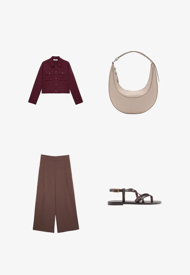 Burgundin värinen lyhythihainen takki, jossa on pitkät hihat, nappikiinnitys, kaksi rintataskua ja kultasävyiset napit. Sileä kangas ja klassinen kaulustyyli.; Kahvinsävyinen lyhythihainen t-paita, joka on valmistettu pehmeästä kankaasta. Pyöreä pääntie ja rento malli. Ei näkyviä kuvioita tai koristeita.; Ruskeat leveälahkeiset housut, joissa on sileä pinta, korkea vyötärö ja etupleat. Kangas on kevyttä ja laskeutuu väljänä.; Ruske kožne sandale s križnim trakama, zatvaranjem na kopču oko gležnja i ravnim potplatom s minimalnim detaljima šivanja.; Vaaleanbeige nahkainen olkalaukku, jossa on kuu-ukko muoto, sileä pinta ja yksi kaareva kahva. Varusteena vetoketjukiinnitys ja siisti ompelu.