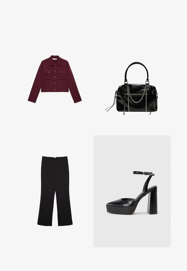 Bordová skrátená bunda s dlhými rukávmi, zapínaním na gombíky, dvoma prsiami vreckami a zlatými gombíkovými akcentmi. Hladká látka a klasický golier.; Čierne tričko s krátkym rukávom vyrobené z bavlny. Má okrúhly výstrih a voľný strih s hladkou, jednofarebnou textúrou. Žiadne viditeľné vzory ani akcenty.; Čierne nohavice so strihom rovného strihu, s prednými vreckami a bočnými rozparkami na leme. Vyrobené z mäkkej, hladkej tkaniny. Vhodné na rôzne príležitosti.; Čierne platformové podpätky so špicatou špičkou a nastaviteľným členkovým remienkom. Vyrobené z hladkej kože a so robustným blokovým podpätkom.; Bershka WITH CHAIN - Kabelka - black