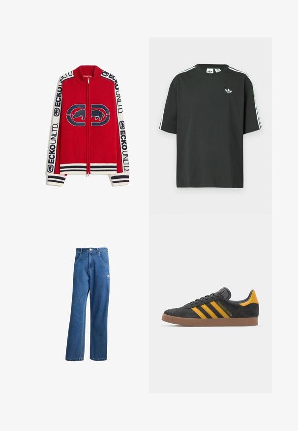 Röd stickad zip-up-tröja med marinblå och vita ränder vid manschetter och nederkant, med en grafisk design av en noshörning och en björn på framsidan.; Svart bomulls-t-shirt med korta ärmar, rund halsringning och vita tre ränder på axlarna. Har en liten vit logotyp på bröstet.; Blå högmidjade vida jeans i denim med framfickor, bältesloopar, knappstängning och liten Adidas-logga på högra låret.; Svart mockaskor med gula accenter, med tre ränder och en brun gummisula. Inkluderar en vadderad tunga för extra komfort.