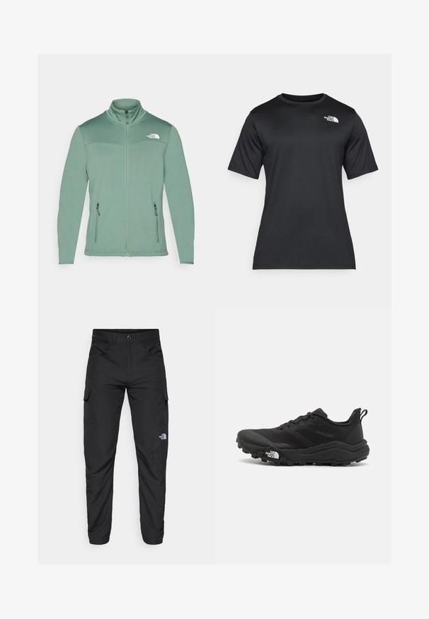 Light green fleece jacket with a zippered front, stand-up collar, zippered side pockets, and textured fabric. Logo on the left chest.; Black short-sleeve t-shirt made of lightweight, moisture-wicking fabric. Features a white logo on the left chest and a crew neckline.; The North Face HORIZON PANT - Outdoor trousers - black; Black trail running shoe with a textured upper, rubber sole, and reinforced toe cap. Features a padded collar and pull tab for easy wear.