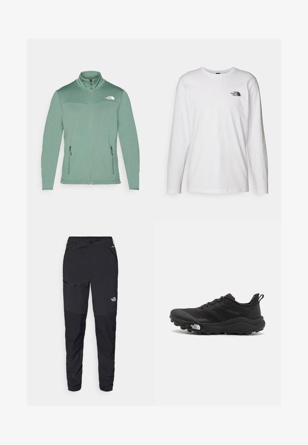 Light green fleece jacket with a zippered front, stand-up collar, zippered side pockets, and textured fabric. Logo on the left chest.; White long-sleeve T-shirt made of cotton with a crew neck. Features a small black logo on the chest. Smooth texture, regular fit.; Black outdoor pants with a tapered fit, made from durable fabric. Features zippered pockets and subtle branding on the front leg.; Black trail running shoe with a textured upper, rubber sole, and reinforced toe cap. Features a padded collar and pull tab for easy wear.